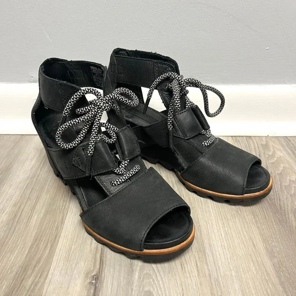 Sorel Joanie Black‎ Leather Gladiator Lace Up Wedge Sandal Heels in Size 8.5